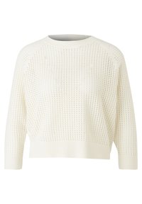 Lekki sweter z dzianiny w kolorze jasnej kości słoniowej o luźnym kroju, z teksturowanym, przewiewnym wzorem, ściągaczami na mankietach i okrągłym dekoltem.