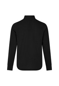 Zwarte lange mouwen shirt met een gestructureerd patroon, een nepkraag, en een rechte onderkant. Heeft fitted mouwen met details op de manchetten.