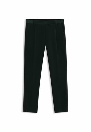 Dark green tailored trousers featuring a slim fit, flat front, two pleats, and side pockets. Fabric appears smooth with a slight sheen.