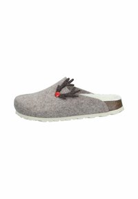 Gray woolen clog with white fleece lining, cork midsole, white rubber sole, and dark brown antler decoration with a small red button.