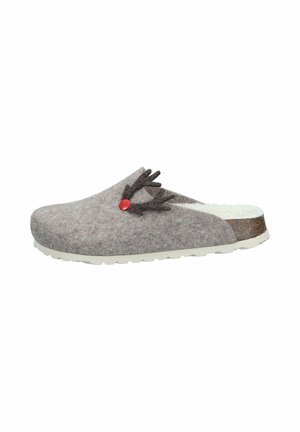 Gray woolen clog with white fleece lining, cork midsole, white rubber sole, and dark brown antler decoration with a small red button.