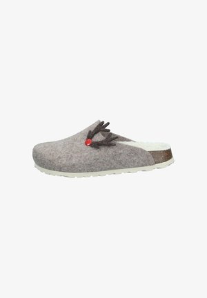 Gray woolen clog with white fleece lining, cork midsole, white rubber sole, and dark brown antler decoration with a small red button.