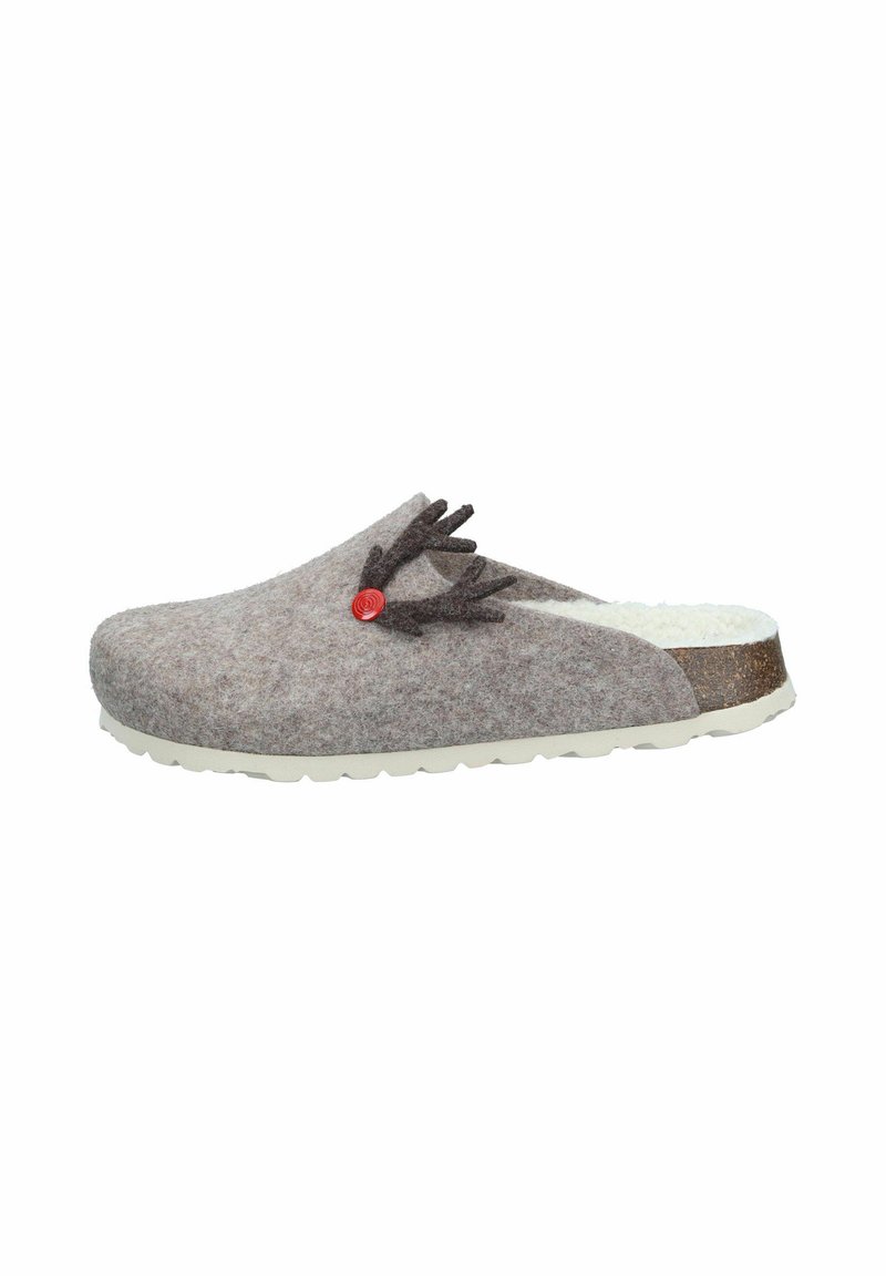 Gray woolen clog with white fleece lining, cork midsole, white rubber sole, and dark brown antler decoration with a small red button.