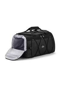 Black duffel bag with a zippered opening, gray interior lining, and elastic side accents for additional storage. Textured exterior fabric.