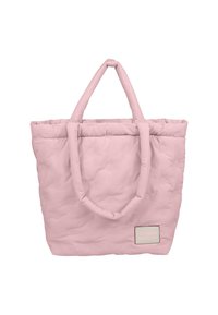 Borsa a spalla imbottita rosa con due manici, patch con logo sul lato, texture morbida e forma rettangolare. Adatta per usi casual.
