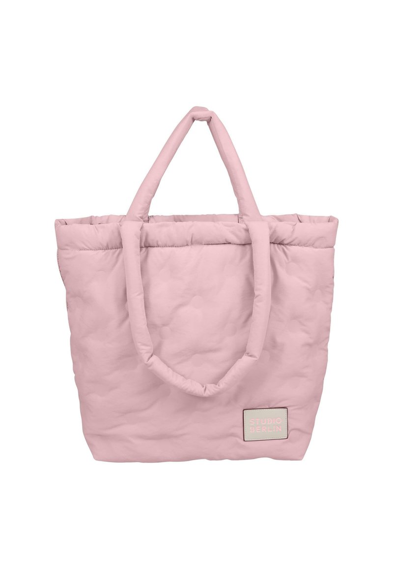 Borsa a spalla imbottita rosa con due manici, patch con logo sul lato, texture morbida e forma rettangolare. Adatta per usi casual.