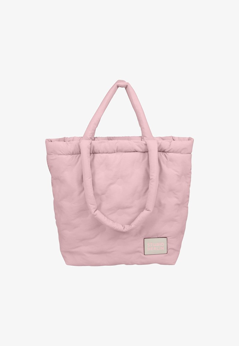 Borsa a spalla imbottita rosa con due manici, patch con logo sul lato, texture morbida e forma rettangolare. Adatta per usi casual.