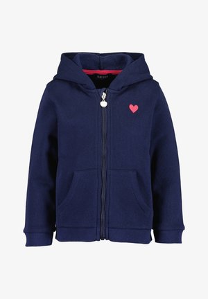 Veste à capuche zippée de couleur marine en coton. Comprend une poche kangourou, des poignets côtelés et un petit accent de cœur rouge sur la poitrine. Design à capuche.