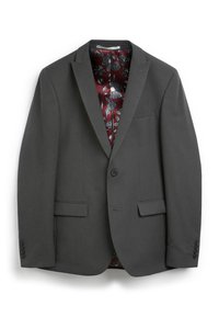 Szary żakiet z pojedynczym guzikiem, dwiema przednimi kieszeniami i burgundową podszewką w kwiatowy wzór. Gładki materiał o dopasowanym kroju.