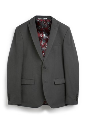 Sacou gri cu un singur nasture, două buzunare frontale și o căptușeală patterned florale în nuanța burgund. Țesătură netedă cu un design croit.