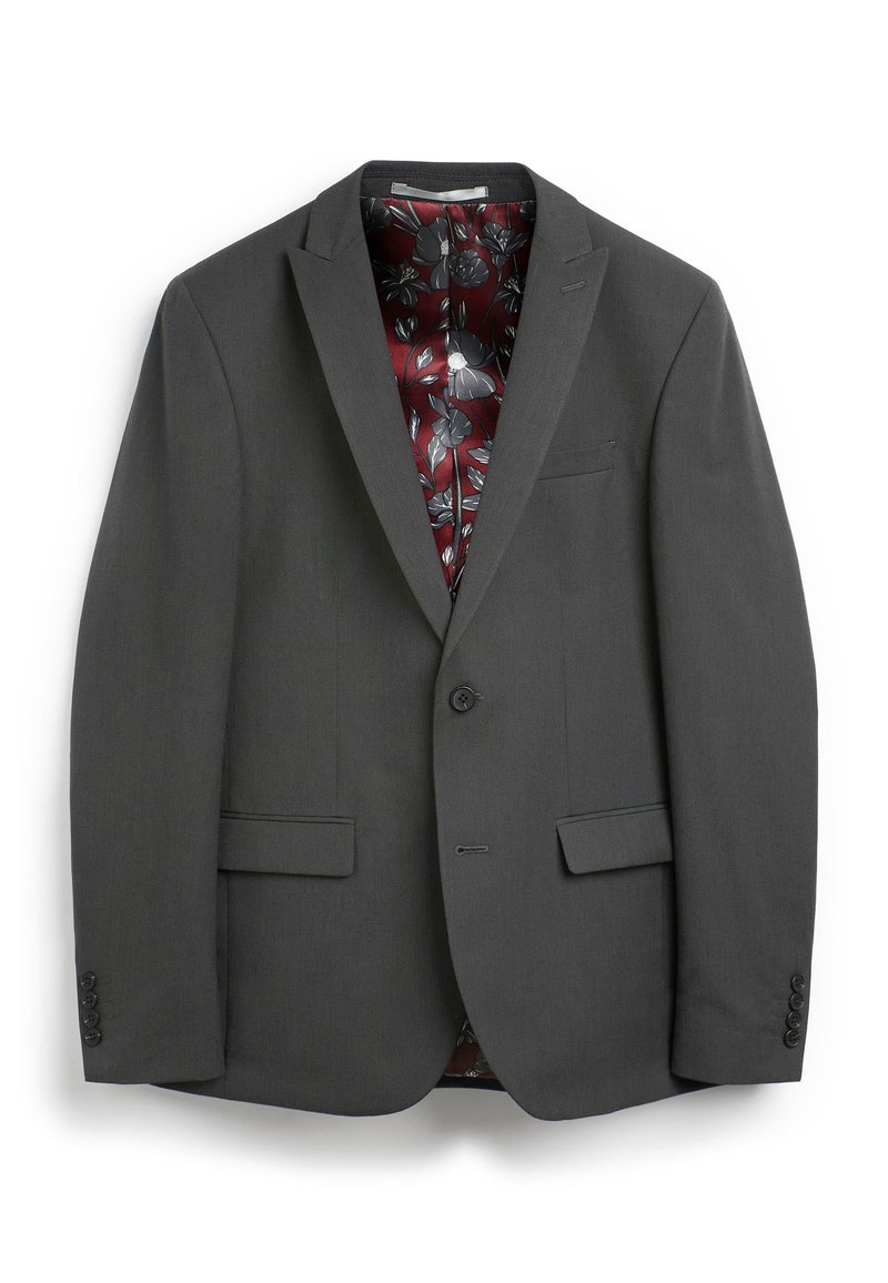 Szary żakiet z pojedynczym guzikiem, dwiema przednimi kieszeniami i burgundową podszewką w kwiatowy wzór. Gładki materiał o dopasowanym kroju.
