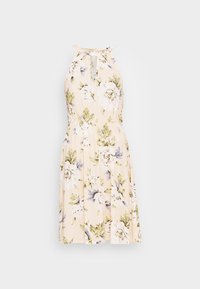 Květinové sluneční šaty ve světlé béžové barvě s halter výstřihem, s zelenými a modrými květinovými vzory, a přiléhavým pasem, který jemně plynule pokračuje k lemu.