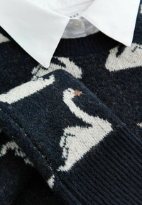 Sweter dziany w kolorze granatowym z białymi wzorami łabędzi. Zawiera białą koszulę z kołnierzykiem pod spodem. Teksturowana wełniana tkanina.