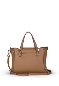 Bolso de cuero marrón claro con asas superiores dobles y una correa para el hombro ajustable. Presenta una forma rectangular con ribetes contrastantes y acentos de hardware.