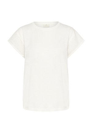 Camiseta blanca de manga corta, con detalles de ojales en las mangas. Tejido suave, corte estándar, escote redondo y sin estampados gráficos.