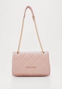 Quilted pink handbag with gold chain strap, featuring a flap design and embossed logo. Smooth texture with a regular rectangular shape.