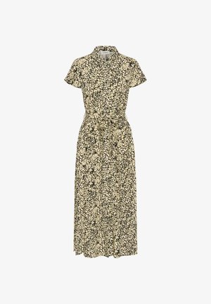 Florales Midikleid in Schwarz und Creme, kurze Ärmel, kragenförmiger Ausschnitt, taillierter Schnitt, fließende Silhouette, leichtes Gewebe mit einem verstreuten Muster.