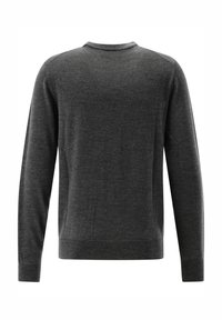 Grauer Strickpullover mit langen Ärmeln, Rundhalsausschnitt und gerippten Bündchen. Glatte Textur, figurbetontes Design und keine sichtbaren Muster oder Logos.