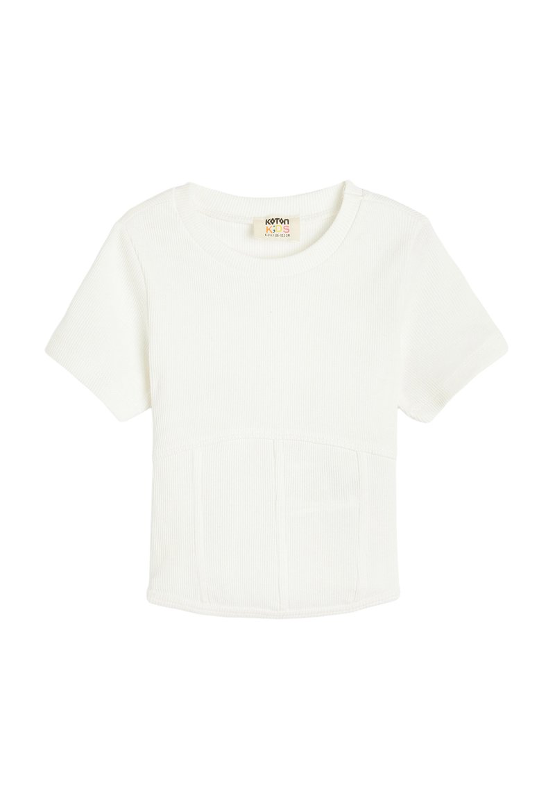 Hvid ribbet kortærmet t-shirt med rund udskæring og en lomme detalje foran. Blød tekstur og tætsiddende stil.