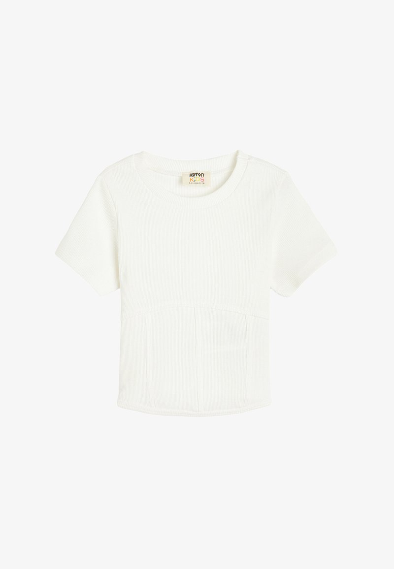 Weißes, gestreiftes Kurzarm-T-Shirt mit rundem Halsausschnitt und einer Tasche auf der Vorderseite. Weicher Stoff und taillierte Passform.