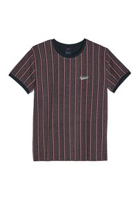 Szary t-shirt z krótkim rękawem z pionowymi czarnymi, czerwonymi i niebieskimi paskami. Okrągły dekolt z ciemną listwą; małe logo "Diverse" na klatce piersiowej.