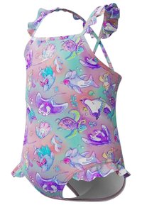 Costume da bagno in colori pastello con un tema acquatico giocoso che presenta animali. Realizzato in materiale elasticizzato con spalline arricciate e fianchi a taglio.