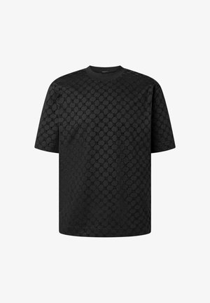 Czarny t-shirt z krótkim rękawem, z delikatnym powtarzającym się okrągłym wzorem i okrągłym dekoltem.