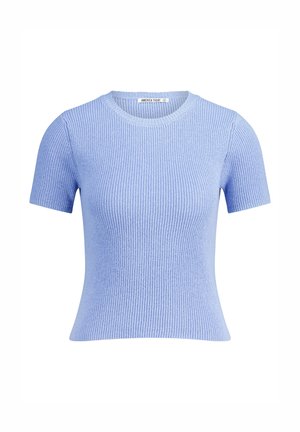Light blue short-sleeve ribbed knitted top with a crew neckline, fitted shape, and textured fabric.