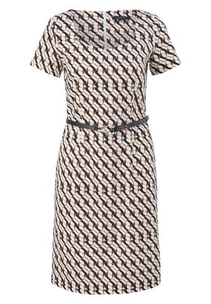 Sukienka z krótkim rękawem z geometrycznym wzorem w kolorach białym, czarnym i rdzawego. Posiada dopasowany fason i pasujący czarny pasek w talii.