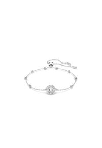 Bracelet en argent avec un cristal rond central entouré de petites pierres, doté d'une chaîne délicate et d'un fermoir coulissant ajustable.