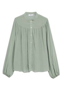 Jasnozielona bluzka wykonana z miękkiego, zwiewnego materiału. Posiada zapięcie na guziki z przodu, długie bufiaste rękawy oraz zaokrąglony kołnierzyk z plisowanym detalem.