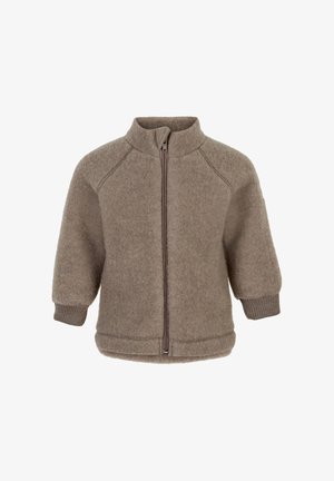 Bruine wollen jas met een hoge kraag, ritssluiting aan de voorkant en geribde manchetten. Heeft een zachte textuur en een gestructureerde, ontspannen pasvorm.