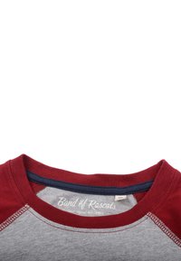 Rød og grå raglan-stil t-shirt med en blød bomuldsblanding, der har en rund hals og kontrasterende marineblå halsudskæring. Logo trykt indeni kraven.