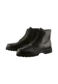 Czarne skórzane botki za kostkę o gładkim wykończeniu, sznurowane, z ozdobnymi perforacjami w stylu brogue oraz teksturowaną gumową podeszwą.