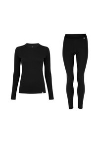 Black thermal long-sleeve top and leggings, featuring a fitted design, smooth texture, and subtle branding at the hem of the top and waistband.