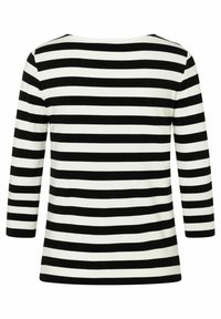 Langsleeve top met zwart-witte horizontale strepen, ronde halslijn en zachte stof. Het ontwerp is consistent in het geheel.