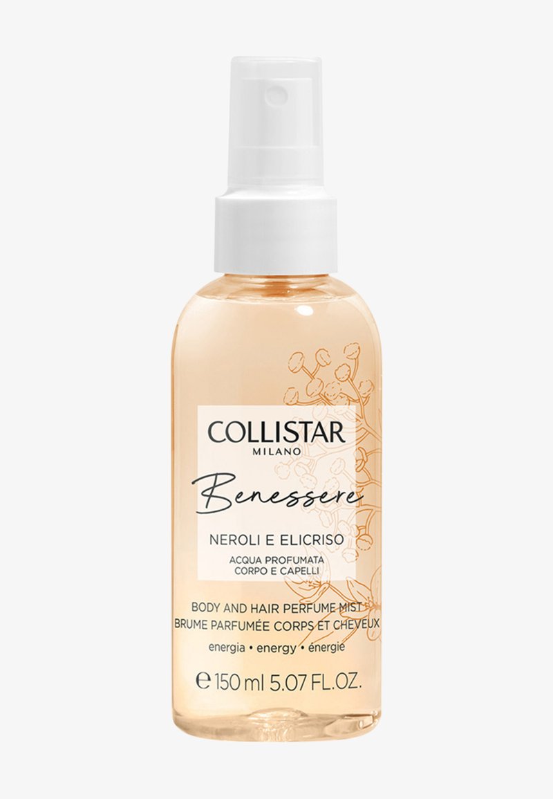 Bottiglia spray in vetro trasparente con un beccuccio bianco, contenente un liquido ambra chiaro. L'etichetta presenta testo in bianco e nero con elementi di design floreale.