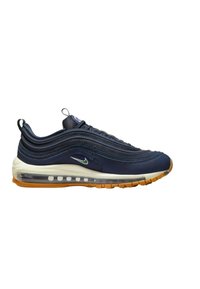 Nike Air Max 97 sneakers in navy blue with a rubber sole, air cushioning, and wavy textured design. Features a green accent logo.