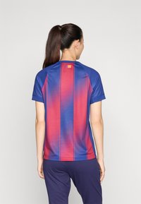 Kortärmad sporttröja i blått och rött med vertikala ränder. Tillverkad av andningsbart tyg. Har ett litet emblem på baksidan.