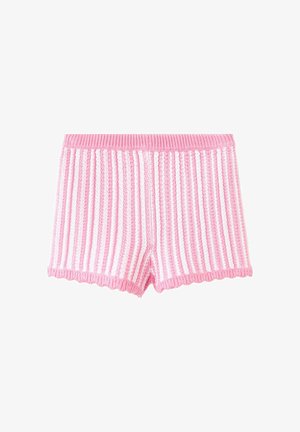 Shorts tricotés à rayures verticales rose et blanc avec ourlet festonné et taille élastique, conçus pour un usage décontracté.
