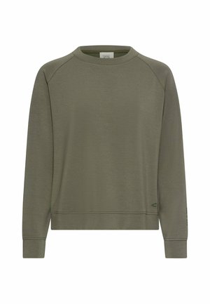 Grüner Sweatshirt mit Rundhalsausschnitt und langen Ärmeln, gerippten Bündchen und Saum, schlichtem Design und kleinem Logo nahe dem unteren linken Saum.