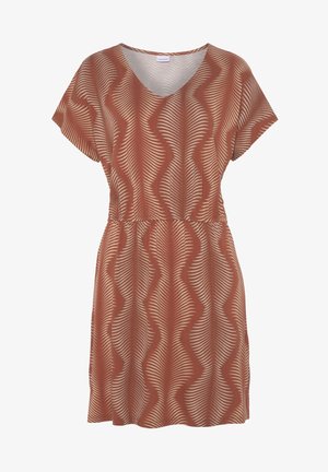 Rust-colored short dress with a V-neck, short sleeves, and a fitted waist, featuring a wavy cream pattern throughout. Textured fabric.