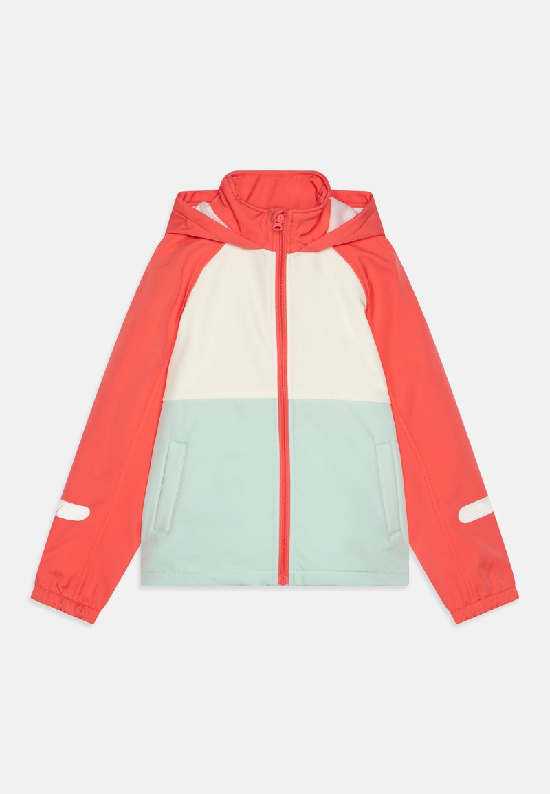Hooded jacket featuring a coral red upper and light mint lower section, with a full zipper and elastic cuffs. Includes front pockets.