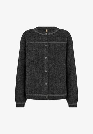 Donkergrijze gebreide cardigan, ronde halslijn, sluiting met knopen aan de voorkant met vijf knopen, geribde manchetten en subtiele horizontale strepen op de schouders.