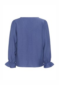 Blue, long-sleeve blouse made of a textured fabric. Features puffed sleeves and flared cuffs with a round neckline and a slightly curved hem.