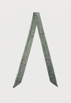Dark green narrow scarf with white paisley and geometric patterns, arranged in a V shape on a white background.