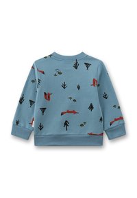 Blaues Sweatshirt mit weicher Textur, verziert mit verstreuten schwarzen, roten und grünen Tier- und Pflanzenmotiven. Rippbündchen und -saum.