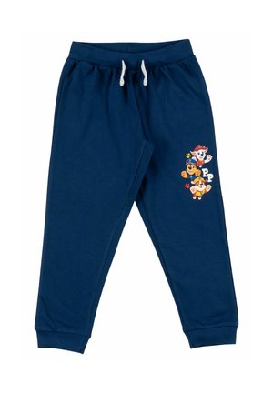 Navy blue children's sweatpants with white drawstring, elastic cuffs, and Paw Patrol characters printed on the right thigh.