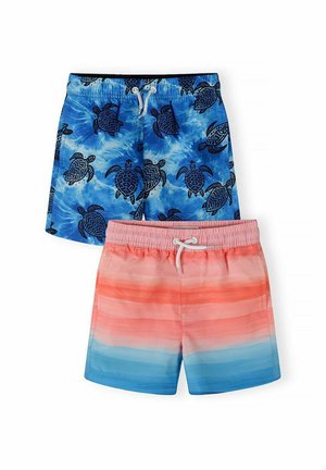 Deux paires de shorts de bain, l'une bleue avec des motifs de tortues de mer noires, l'autre dégradée du rose au bleu avec une taille à cordon, présentées sur fond blanc.