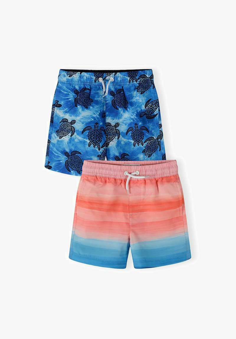 Deux paires de shorts de bain, l'une bleue avec des motifs de tortues de mer noires, l'autre dégradée du rose au bleu avec une taille à cordon, présentées sur fond blanc.